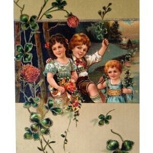 Valentine Postcard Irish Children With Shamrocks Flowers 1908 Series 6120 PFB